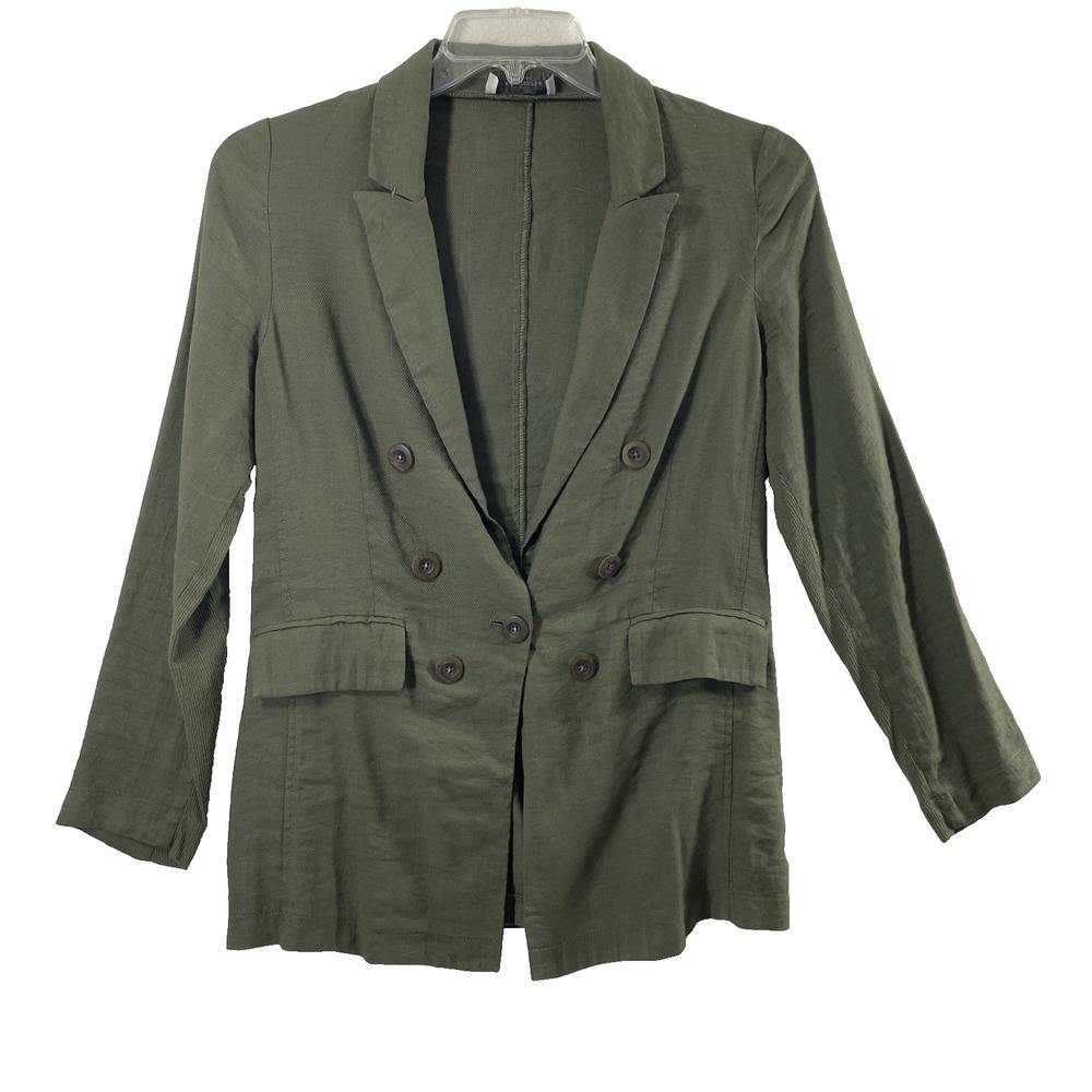 Lola & Sophie Blazer Womens Medium Military Green Lightweight Jacket Linen Blend